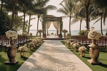 wedding backdrop aesthetic flower decoration outdoor tropical beach background AI Generated