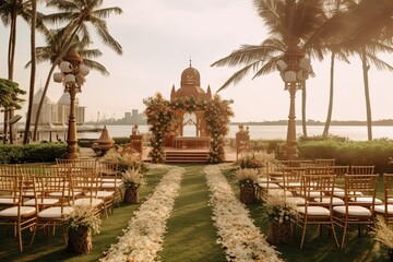 wedding backdrop aesthetic flower decoration outdoor tropical beach background AI Generated