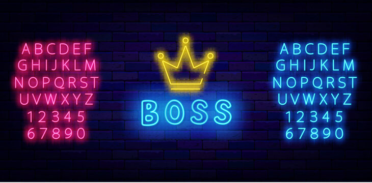 Boss neon label with crown. Captain sign. Chief emblem. Shiny pink and blue alphabet. Vector stock illustration