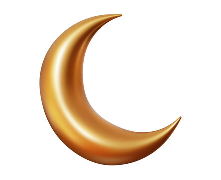 3d golden crescent moon symbol. Yellow metallic moon with light and shadow for muslim holiday on isolated background. Vector illustration.
