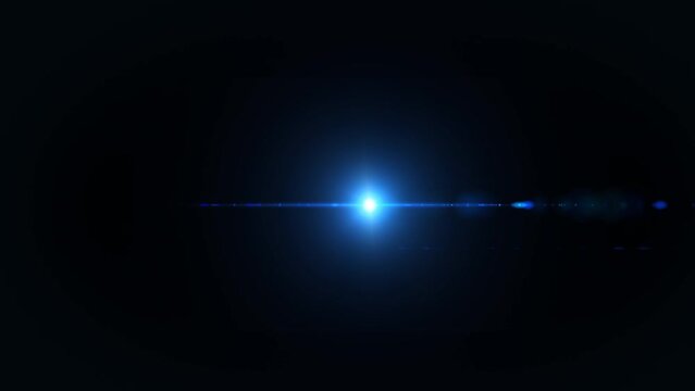 Abstract beautiful flickering golw blue optical lens flares shin animation art moving from left to right side on black background for screen project overlay. Lighting lamp rays effect dynamic bright v