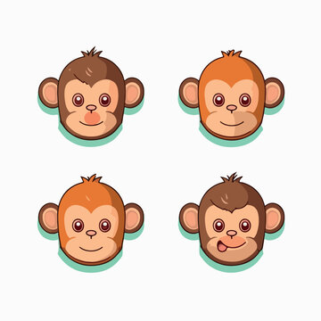 Funny monkey minimalist stickers in logo, icon style, 2D illustration in doodle, cartoon style. 