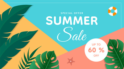 Summer sale banner design with tropical leaves. Promotional poster, discount voucher, advertisement, social media ad template. Vector illustration