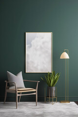 Mock-up frame on a dark green background, modern design, upholstered furniture and green plants.  Generative AI.