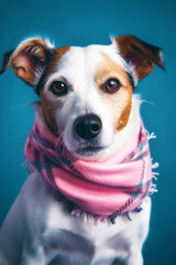 Portrait of a cute Jack Russell breed dog in a pink scarf on a blue background. Generative AI.
