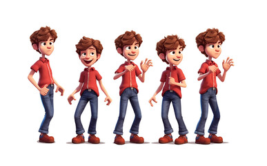 boy character, multiple poses and expressions, 11 years old boy, blue trousers, red clothes, children book for book poster banner advertising and background Generative AI