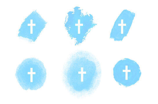 eps Easter cross clipart set. cross on blue watercolour slash, cross with textured background, Floral crosses illustration Isolated on white background, big collection 