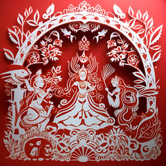 Generative AI, illustrations, Holiday design for traditional Indian festival of Diwali, paper cut style.