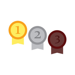 Champion gold, silver and bronze award trophy medals with ribbons for winner. Honor prize.