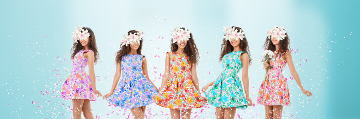 Abstract art collage of young woman with flowers