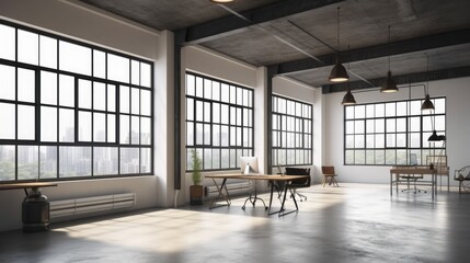 Minimalist office space with cityscape background, ideal for professional use. Created by AI.