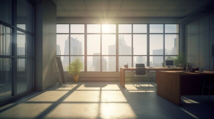 Urban office interior, city skyline in background, perfect for business settings. Created by AI