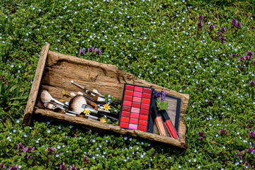 
Small bouquet of violets. Lipstick palette. Cosmetic accessories. Lawn of flowers. Cosmetic palette.