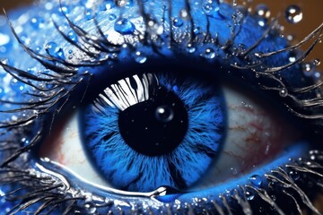 blue eye of an alien, liquid, drops of water. iris. macro photography.
