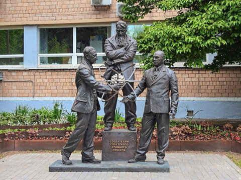 Moscow, Russia. Monument to the Soviet nuclear physicists Igor Kurchatov, Yulii Khariton and Yakov Zeldovich at National Research Nuclear University MEPhI. The monument was unveiled on March 6, 2020.
