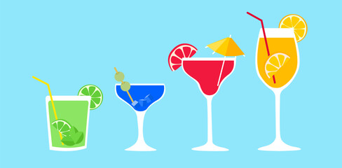 Set of minimalistic refreshing summer cocktails with fruits. For bar and restaurant menu concepts. Vector illustration on a white background.