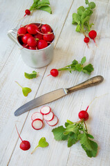 Fresh radish salad. Homemade food. Healthy food. Food on a white table background.