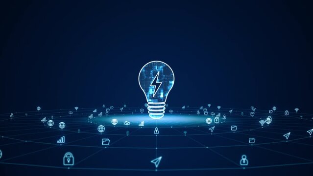 Motion graphic of Blue lightbulb LOGO with line connection and data transfer to futuristic icon technology abstract background and creative idea concept