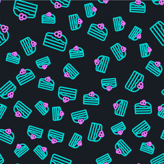Line Piece of cake icon isolated seamless pattern on black background. Happy Birthday. Vector