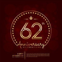 Fototapeta na wymiar 62th anniversary logo with double line number and golden text for birthday celebration event, invitation, banner poster, flyer, and greeting card, vector template
