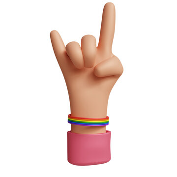 3D rendering of a white-skinned hand gesturing the rock and roll sign. LGBTQIA+ movement accessory, activism for equality and civil rights.