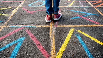 a child walking in the colorful sidewalk. generative AI