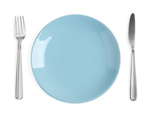 Plate, fork and knife on white background, top view