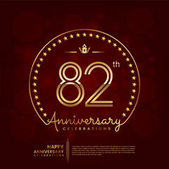 82th anniversary logo with double line number and golden text for birthday celebration event, invitation, banner poster, flyer, and greeting card, vector template