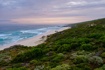 Fototapeta na wymiar Sunset at De Hoop Nature Reserve South Africa Western Cape, the most beautiful beach in South Africa with the white dunes at the de hoop nature reserve which is part of the garden route during summer