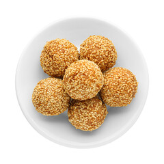 Plate of delicious sesame balls on white background, top view
