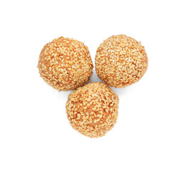 Delicious sesame balls on white background, top view