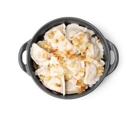 Cooked dumplings (varenyky) with tasty filling and fried onions on white background, top view