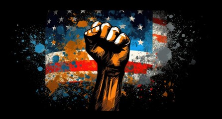 A fist in the air with an american flag, Comic art. Generative AI