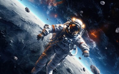 Naklejka premium Astronaut in space in a wide angle photo with Generative AI