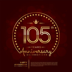 105th anniversary logo with double line number and golden text for birthday celebration event, invitation, banner poster, flyer, and greeting card, vector template