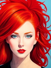 Fototapeta premium Acrylic portrait of a red head woman with blue eyes.Pop Art.Digital creative designer fashion art drawing.AI illustration