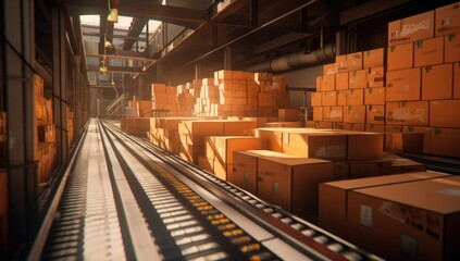 Cardboard box transported along conveyor in factory. Generative AI