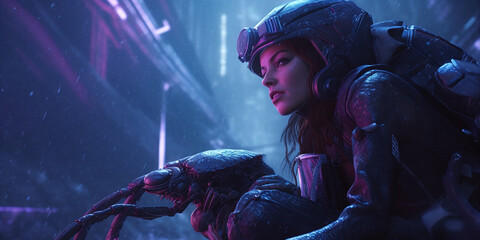 Cyborg futuristic Scorpion Girl in Neon Lights sci-fi Art Poster. Generative Ai