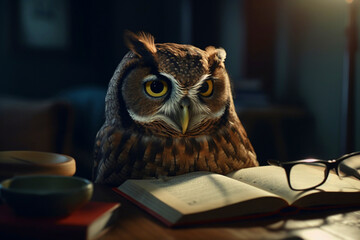 Owl reading a book. Education and learning concept. Symbol of wisdom and knowledge. generated ai