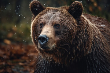Brown bear in the rain in the forest. generated ai