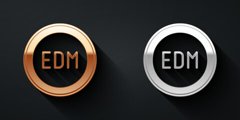 Gold and silver EDM electronic dance music icon isolated on black background. Long shadow style. Vector