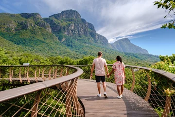 Crédence en verre imprimé Montagne de la Table couple of men and women walking at the boomslang walkway in the Kirstenbosch botanical garden in Cape Town, Canopy bridge at Kirstenbosch Gardens in Cape Town, built above lush foliage South Africa