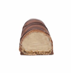 Piece of sweet tasty chocolate bar on white background