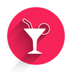 White Cocktail and alcohol drink icon isolated with long shadow background. Red circle button. Vector