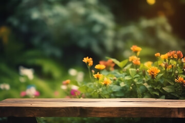 Empty wooden table in a serene butterfly garden. generative AI