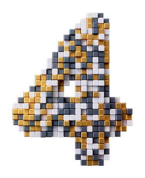 Number 4, Four of alphabet digital pixel font isolated on transparent background. Voxel font 8 bit pixel art. 3D render