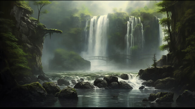A serene image of a magical waterfall cascading. generative AI