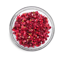 Bowl of delicious fresh vinaigrette salad isolated on white, top view