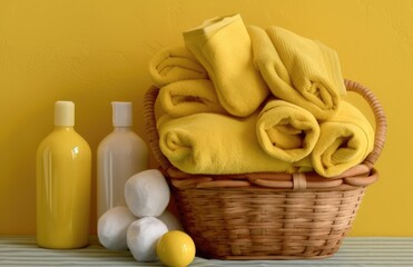 Fototapeta na wymiar Towels, shampoo and soap in a basket against yellow wall. Generative AI