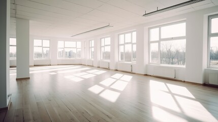 Empty office space with sweeping city views, a blank canvas ready for customization. Created by AI